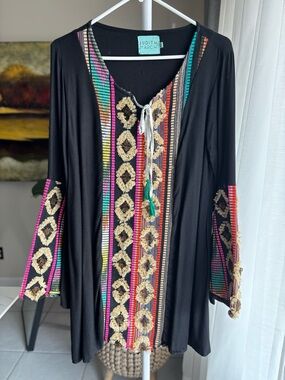 Judith March Black Boho Embroidered Tunic Dress L Black Multicolor
